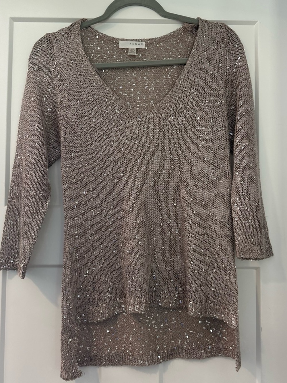 Kenar Taupe Sequin Knit V-Neck Pullover